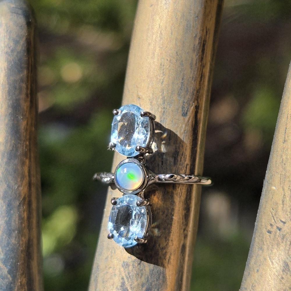 Blue Topaz & Opal Natural Gemstone Sterling & Rhodium Ring Sz6 - Picture 1 of 8